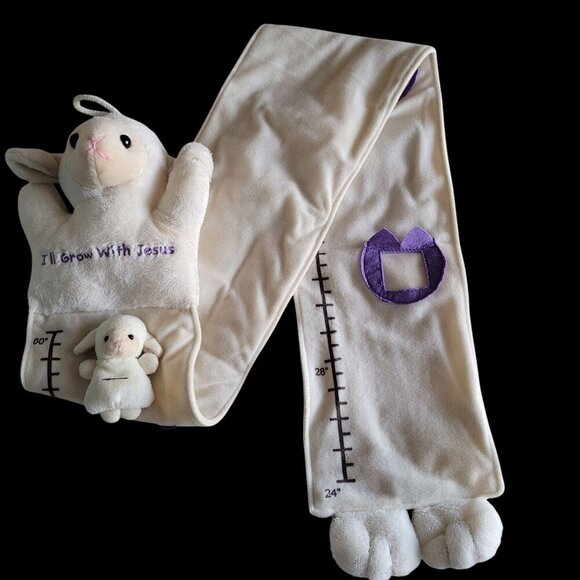 FIESTA Plush Lamb Growth Chart "I'll Grow With Jesus" Embroidery Cream & Purple - Picture 4 of 10